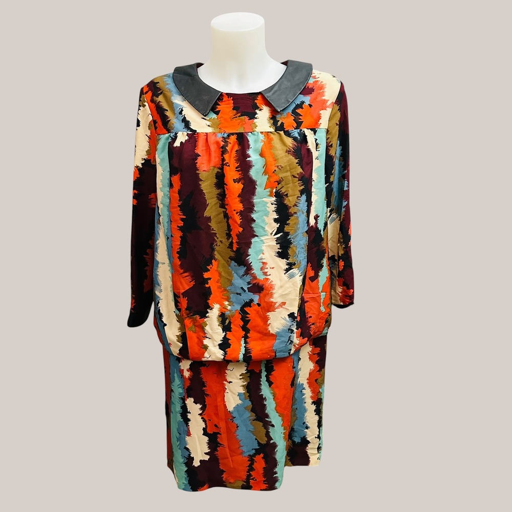 W118 Walter Baker Leather Trims CASSI Plume Multicolor Longsleeve Dress M -New